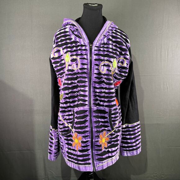 Rising International Hoodie Women’s XL Made in Nepal Boho Jacket Purple Black - Picture 1 of 12